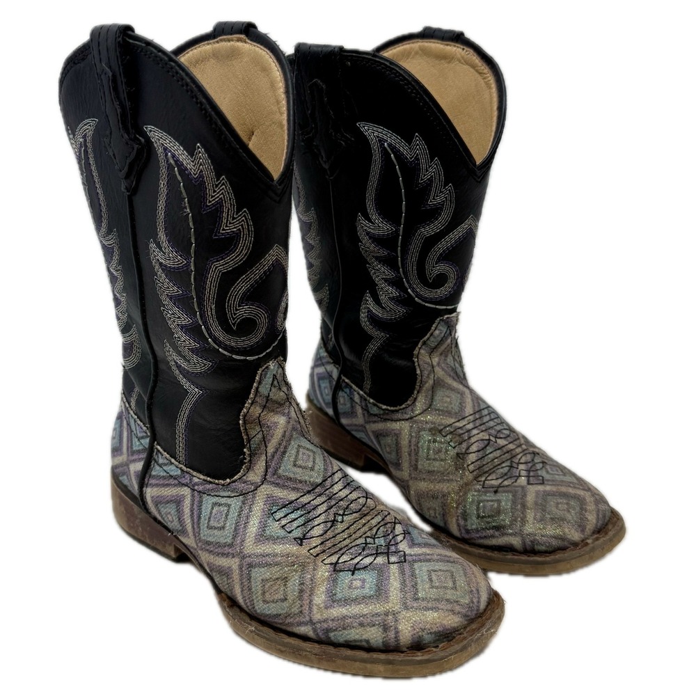 Roper Little Kids Geometric Glitter Western Cowboy Boots Black Purple